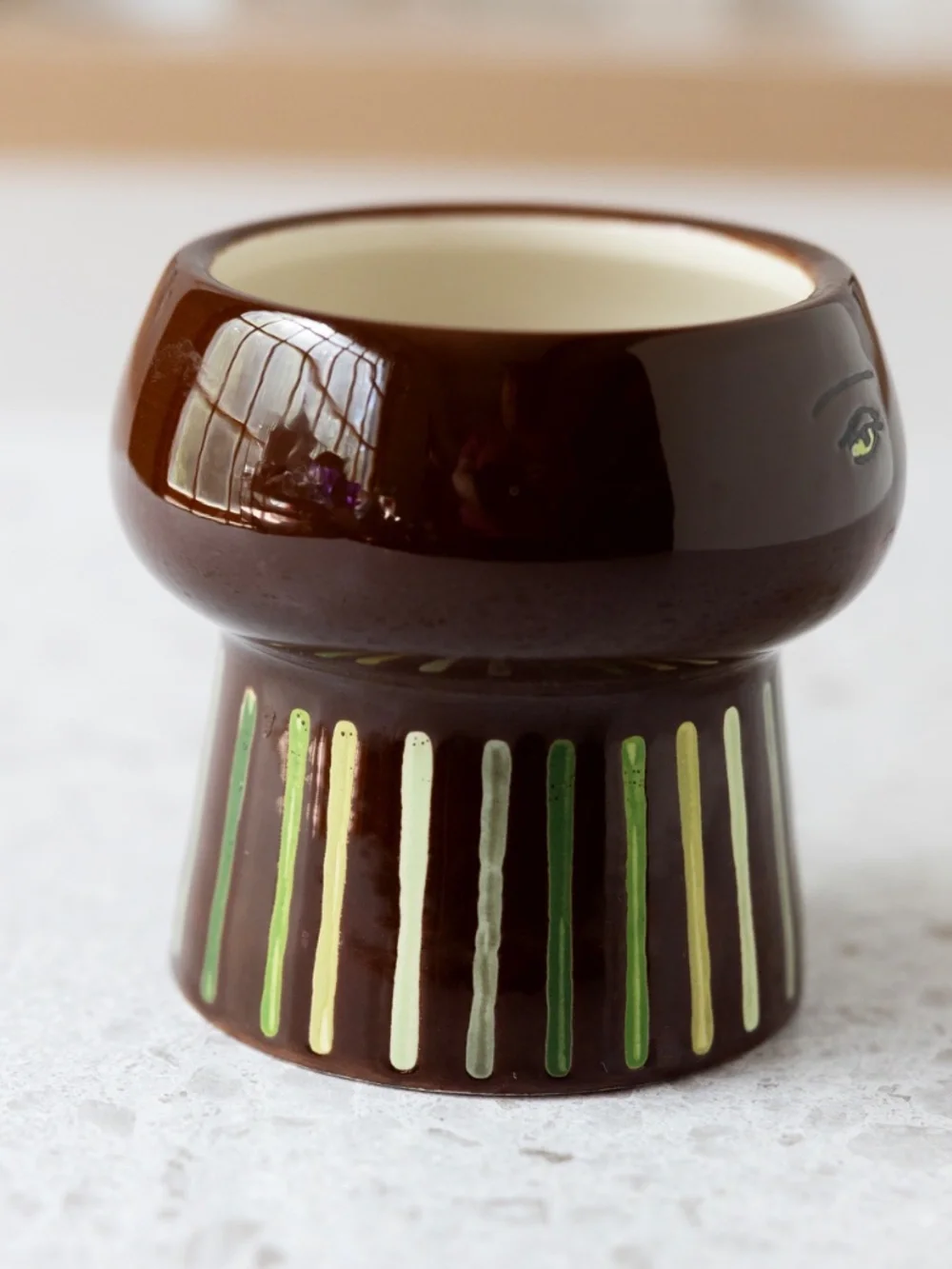 Opal House brown face ceramic planter with green stripes 3.5 inches